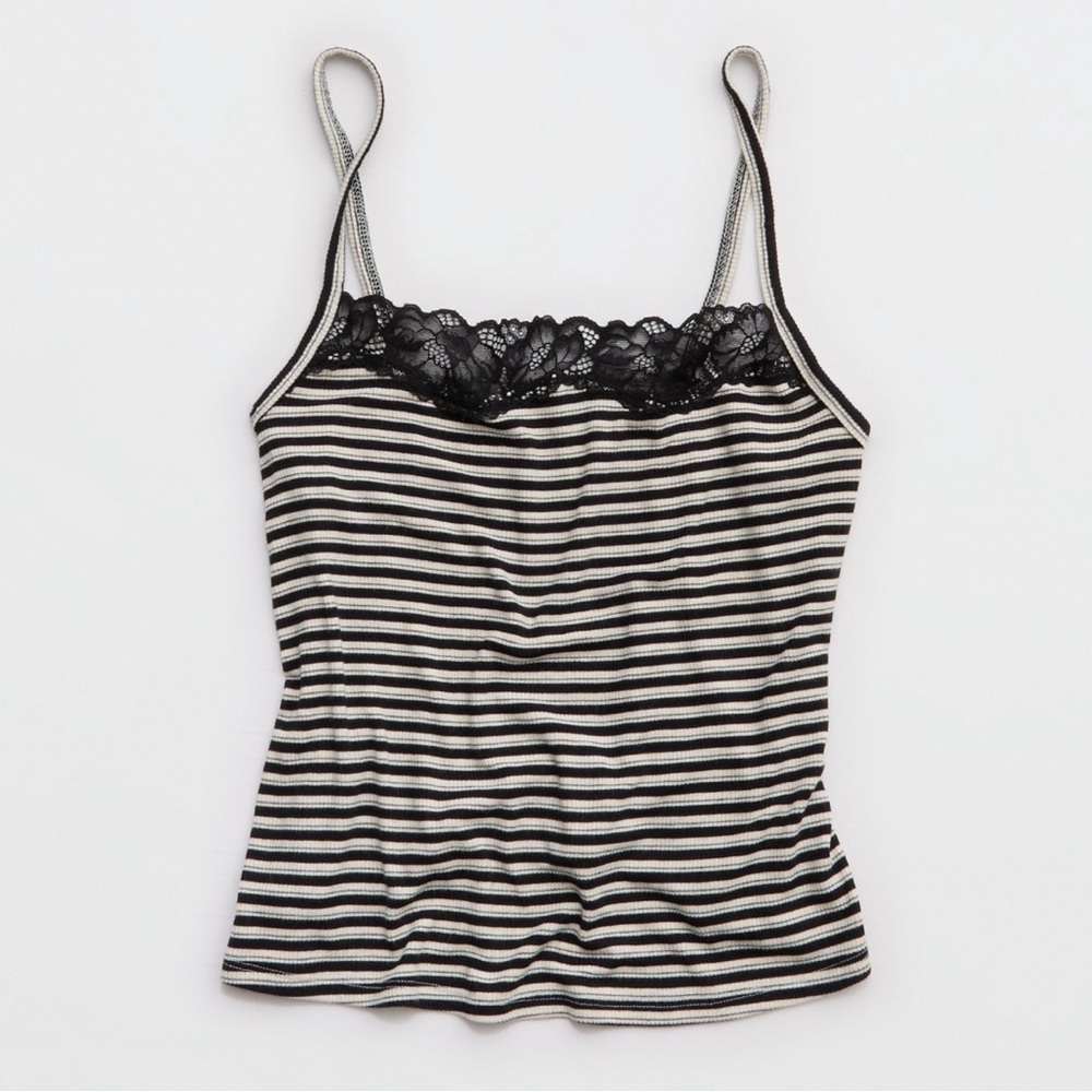 Aerie Real Soft Ribbed Tank Top Black White Striped Lace Trim Camisole Pajama